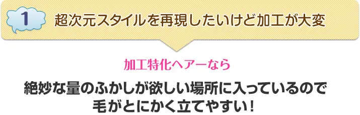 1.超次元スタイルを再現したいけど加工が大変→加工特化ヘアーなら絶妙な量のふかしが欲しい場所にはいっているので、毛がとにかく立てやすい