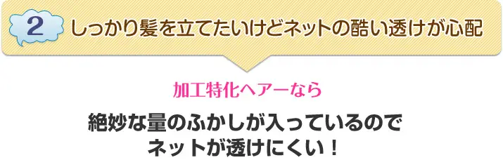 2.しっかり髪を立てたいけどネットの酷い透けが心配→加工特化ヘアーなら絶妙な量のふかしが入っているのでネットが透けにくい!