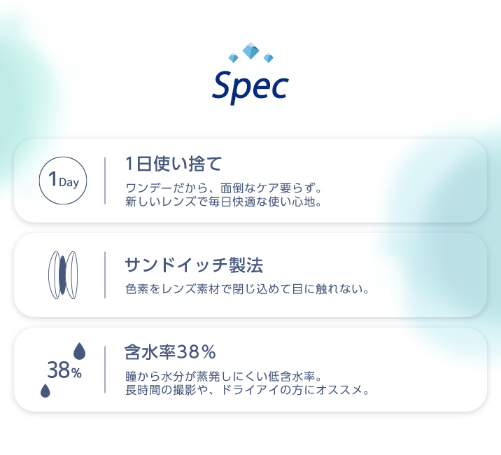 『Shutella 1Day(シュテラワンデー)』の特徴。1日使い捨て、サンドイッチ製法、含水率38%